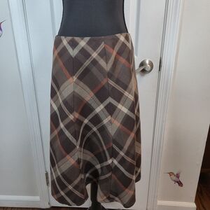 Jones New York Brown Plaid 100% Wool A-Line Midi Skirt Size 6